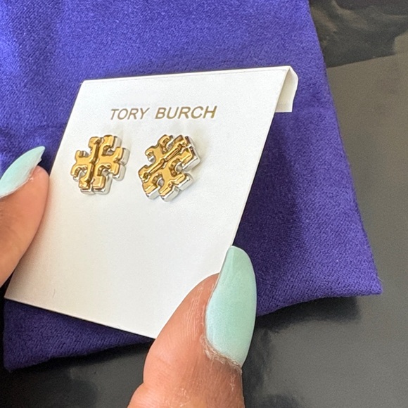 Tory Burch Two-Tone Gold & Silver Logo Stud Earrings - Picture 2 of 4